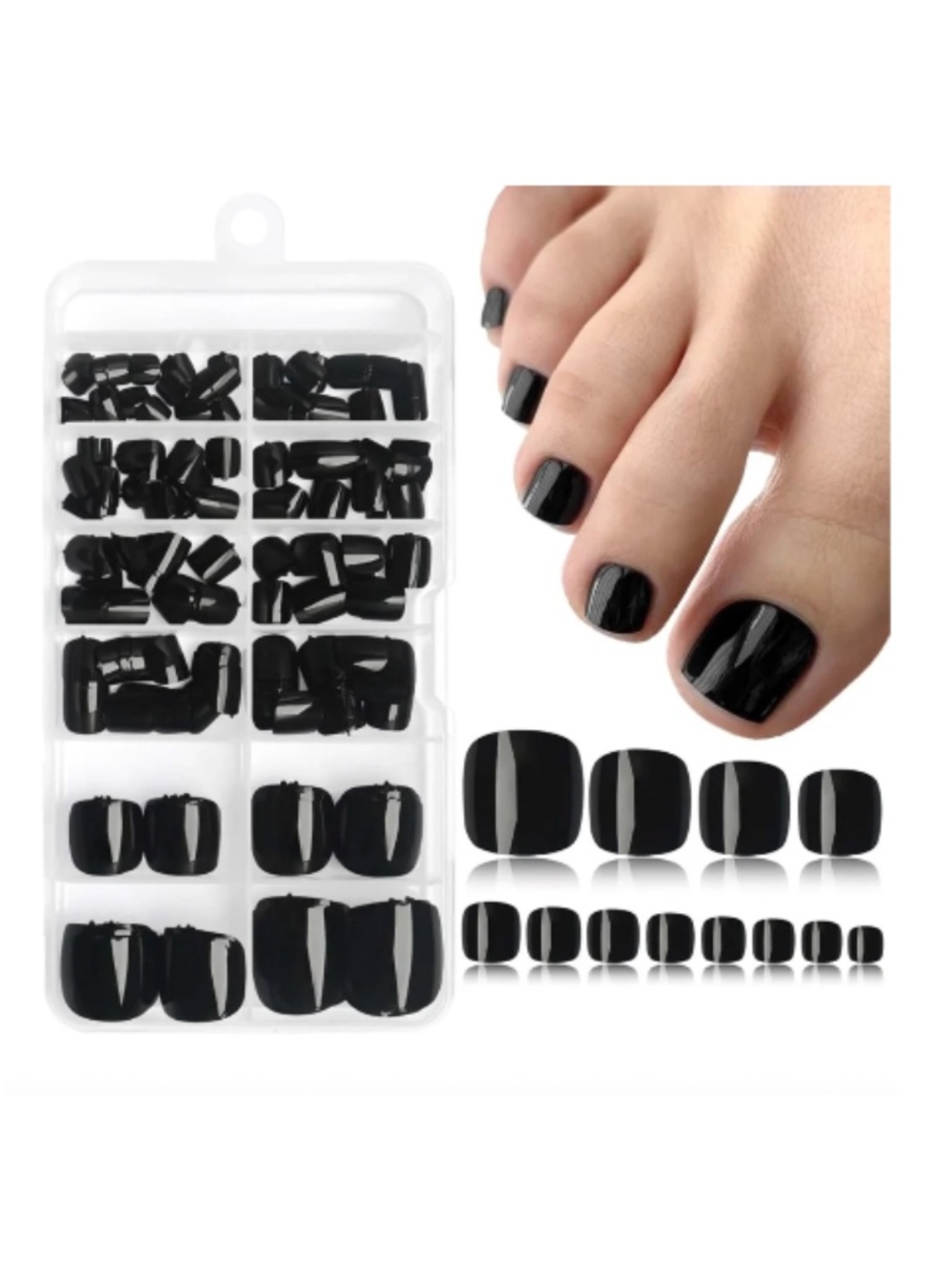 Glossy Black Press On Toenails Kit Full Pedicure Set NWT